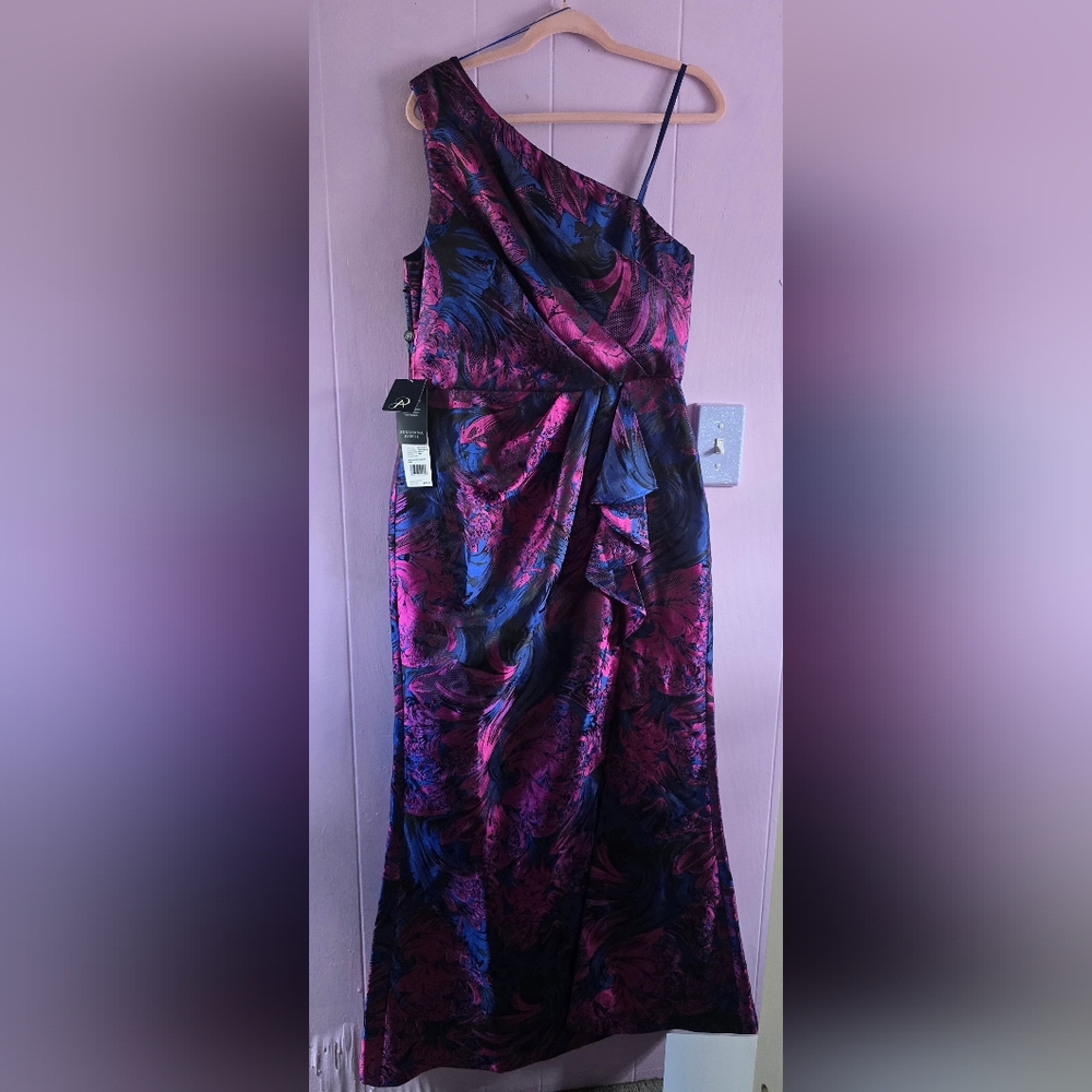 Adrianna Papell One-Shoulder Jacquard Evening Gown in Purple & Pink - Size 12
